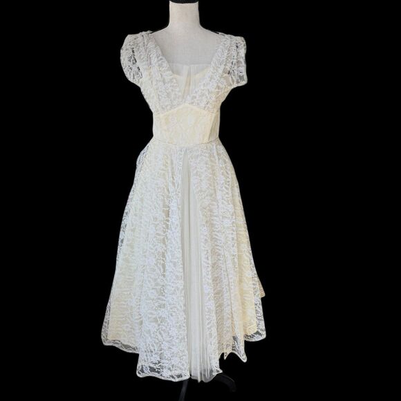 VTG 50s 60s Lace Bridal Party Dress Cream White Cottagecore Prairie Fit Flare S - Picture 2 of 16